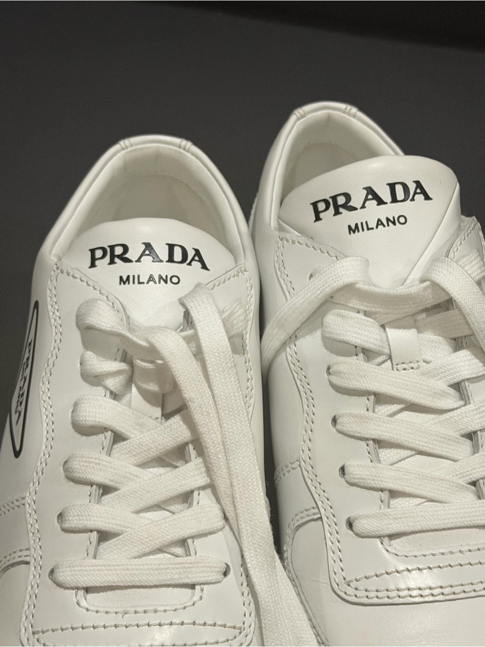 Prada White Leather Low-Top Sneakers with Logo Patch womens sneakers - Picture 2 of 16
